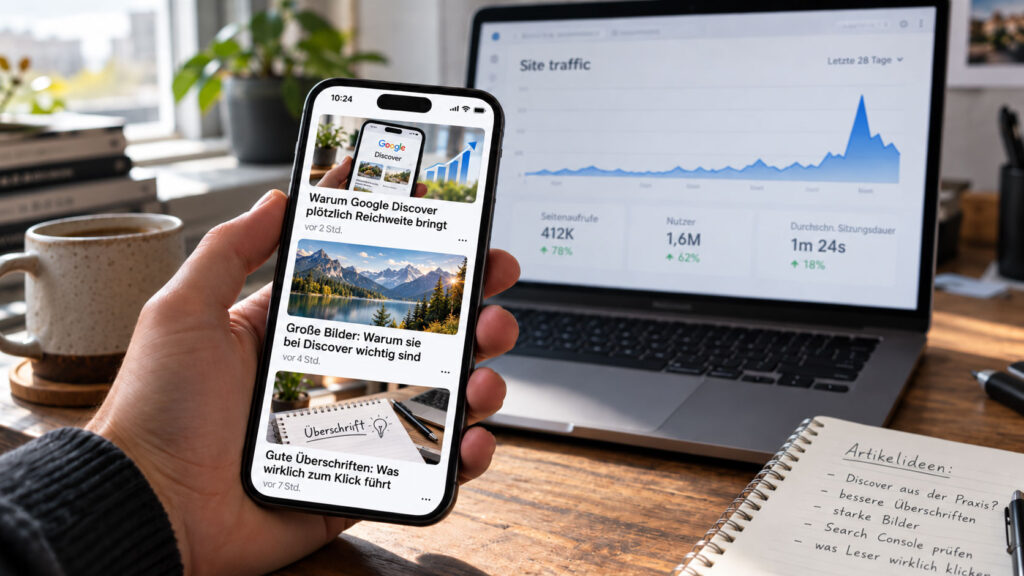 Smartphone mit deutschsprachigem Discover-Feed vor einem Laptop mit stark ansteigendem Traffic-Diagramm und Notizblock mit Artikelideen.
