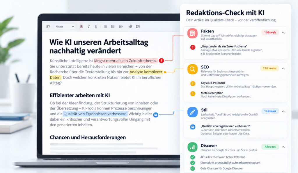 Illustration eines digitalen Redaktionschecks: Ein Artikelentwurf wird von einer KI auf Fakten, SEO, Stil und Google Discover geprüft.